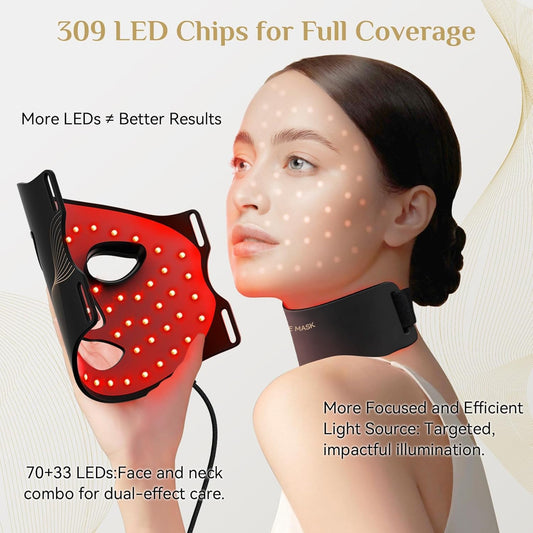 Woman using a LED light therapy device on her face and neck with text about LED chip count and benefits.