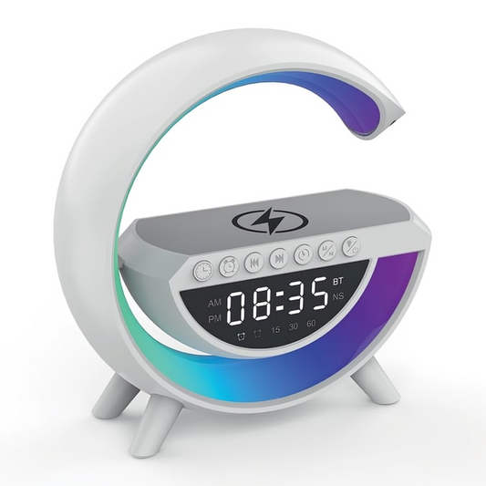 Rechargeable LED Wireless Charging Speaker with Alarm Clock – RGB Light, White Noise & Wireless Charger