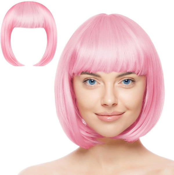 Pink Short Bob Wig Set for Women – Heat Resistant Synthetic Wig with 2 Wig Caps, Cosplay & Party 3PCS