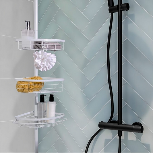 Bathroom Extendable Corner Caddy – Adjustable 3-Tier Storage with Towel Rail & Hook